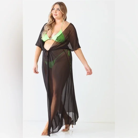 PLUS SIZE Black Sheer Mesh Midi Sleeve Drawstring Waist Maxi Kimono Cover Up - Picture 5 of 9